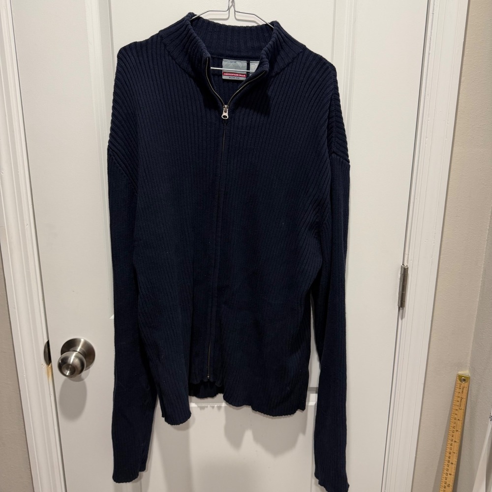 Aeropostale Mens Full‎ Zip Cardigan Ribbed Knit Navy Blue XL